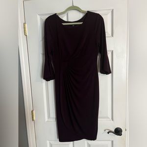 Plum dress, mid length ruffle sleeve dress